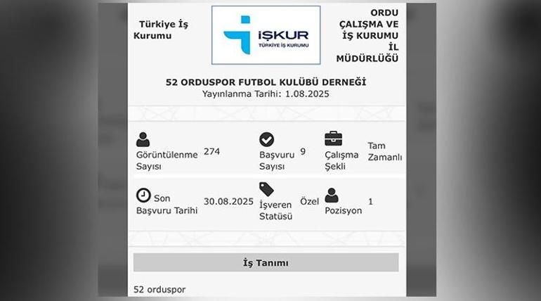 52 Orduspor FK, İkur'a İkur'a bir futbolcu verdi